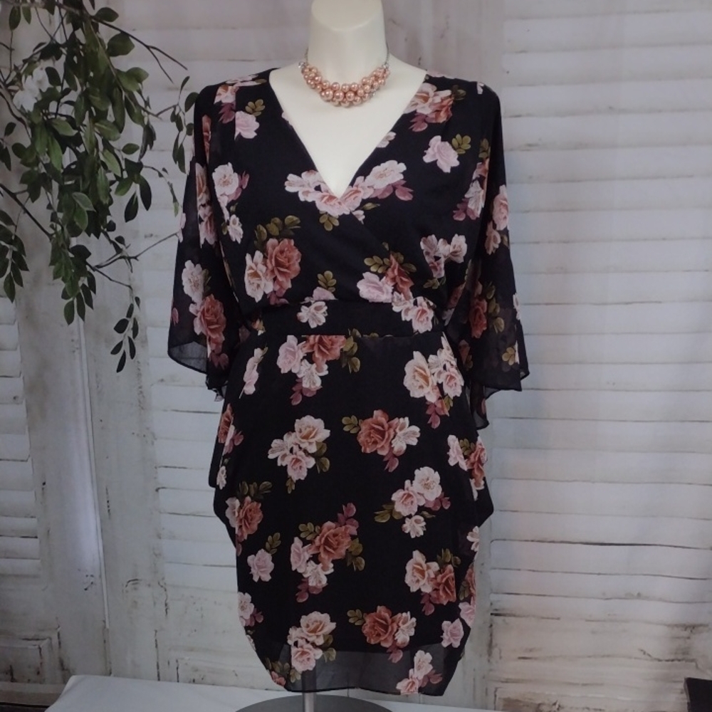 City Chic Black Dress with Pink Floral Design Size XXL/24
